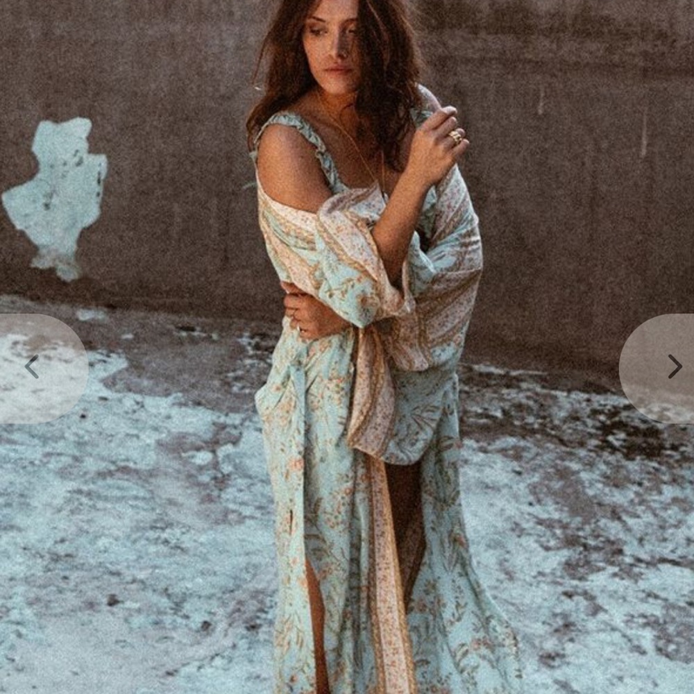 Spell Mint Floral Long Robe with Cream Trim